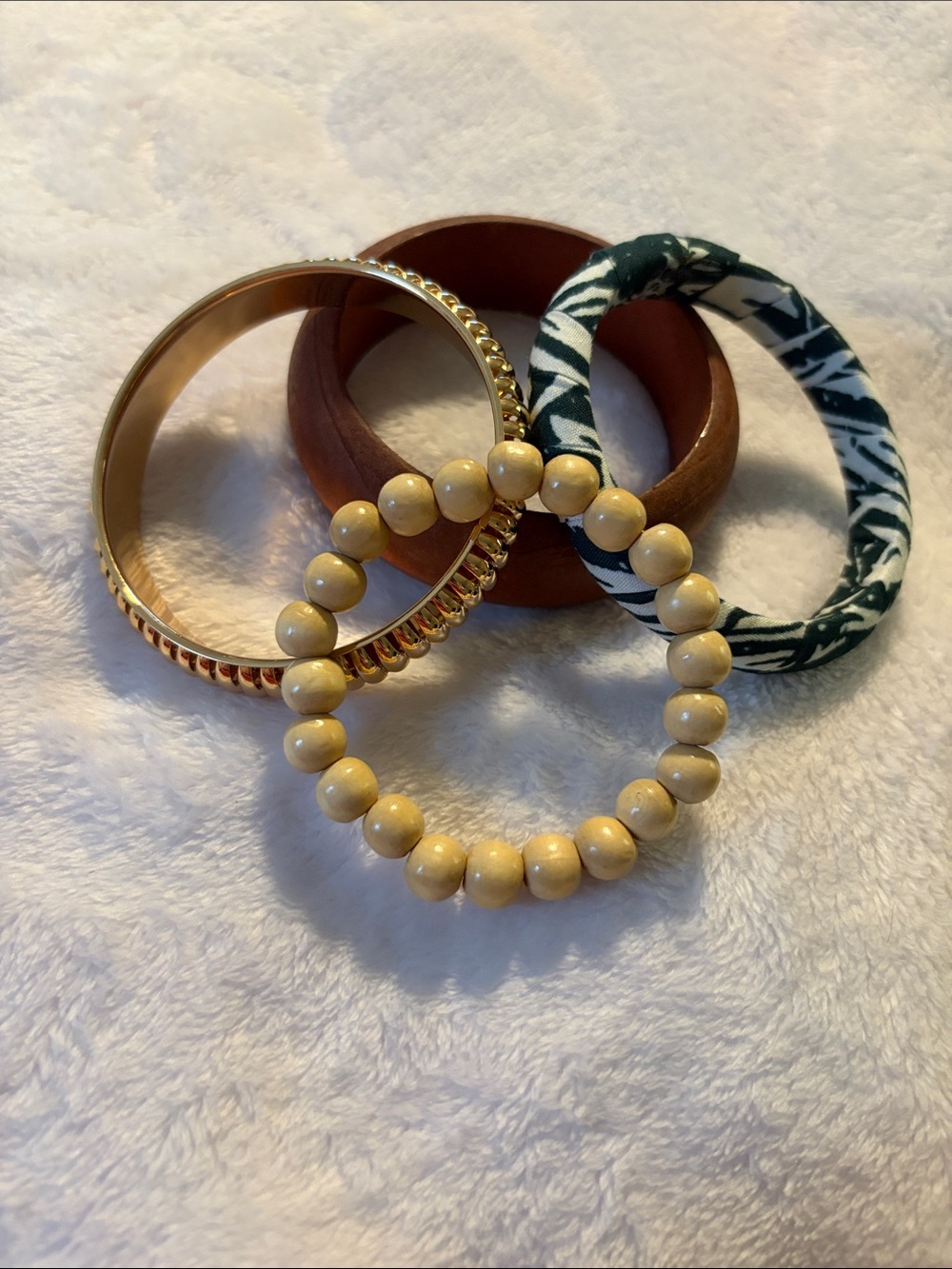 Plunder Mixed-Material Bracelet Stack — Gold, Beige, Brown & Green